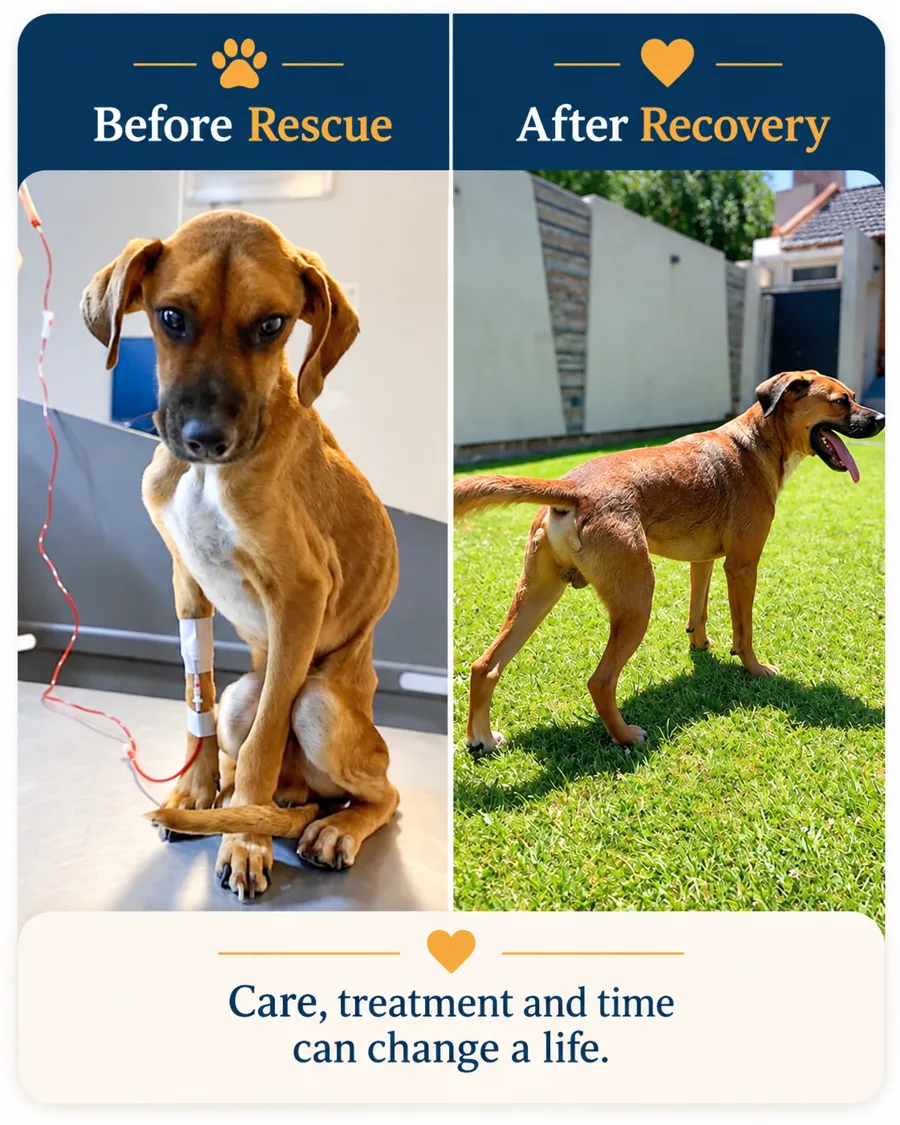 Before-and-after illustration 3: a dog before rescue and after recovery, captioned "Care, treatment and time can change a life."