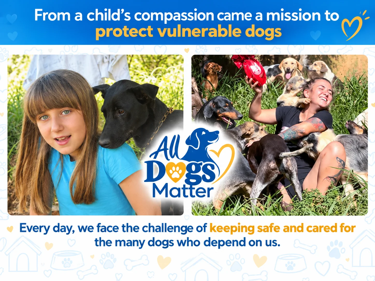 Campaign artwork: a child resting beside a black dog, and a woman sitting in grass surrounded by dogs, with the All Dogs Matter logo between them