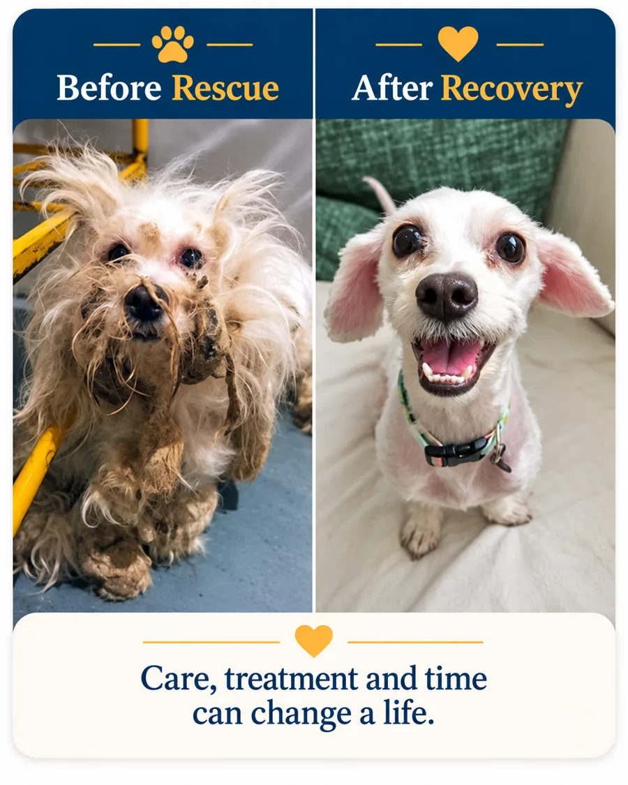 Before-and-after illustration 1: a dog before rescue and after recovery, captioned "Care, treatment and time can change a life."
